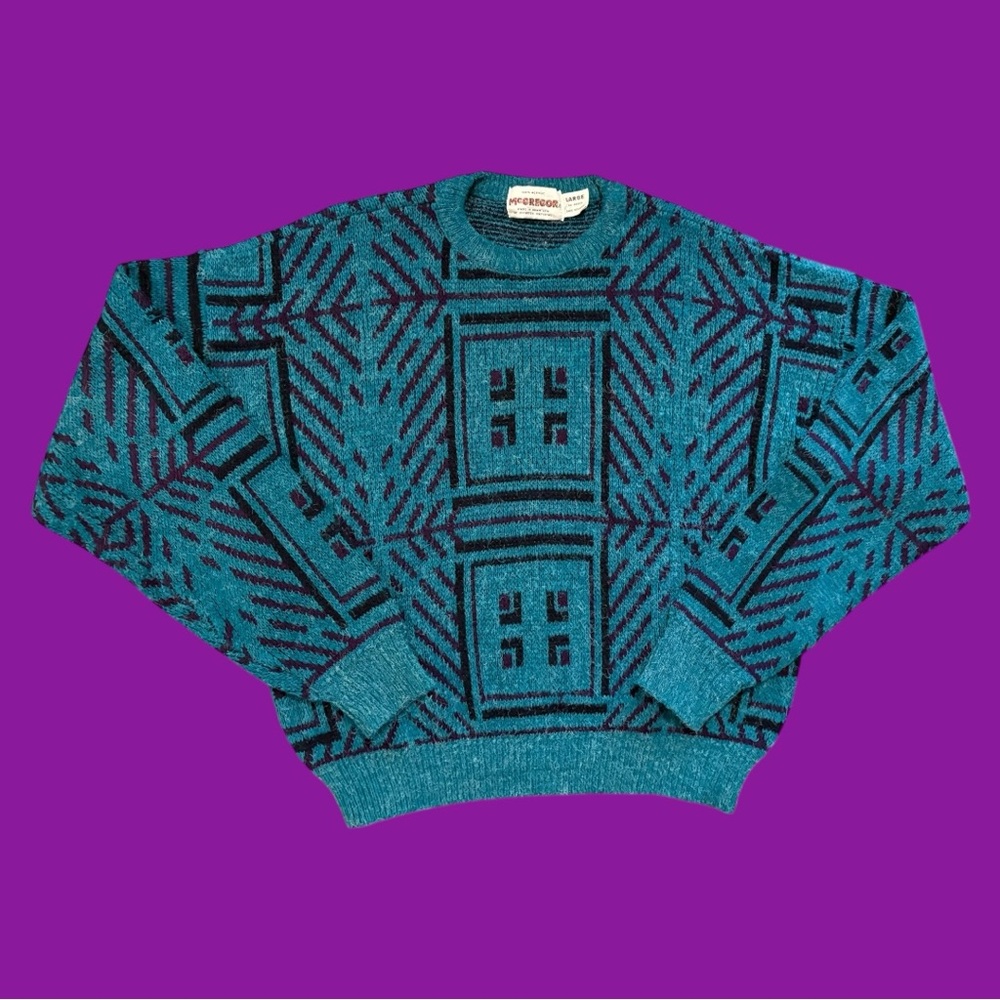 Geometric Patterned Teal Sweater
